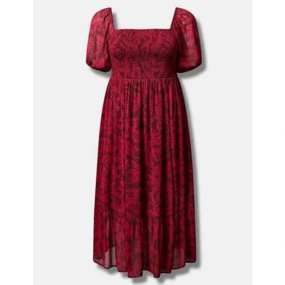 Torrid Women's Red Floral Tea Length Smocked Bodice A Line Midi Dress NWT - Picture 5 of 5